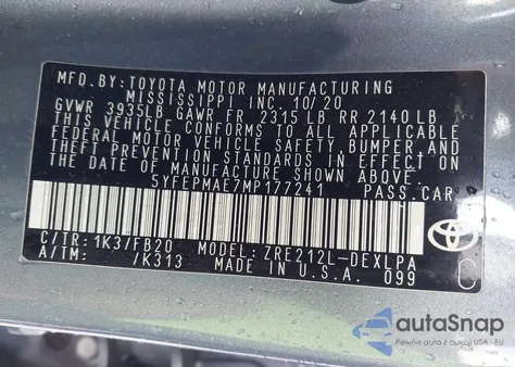 2021 Toyota Corolla Le z USA, uszkodzony, nr VIN 5YFEPMAE7MP177241